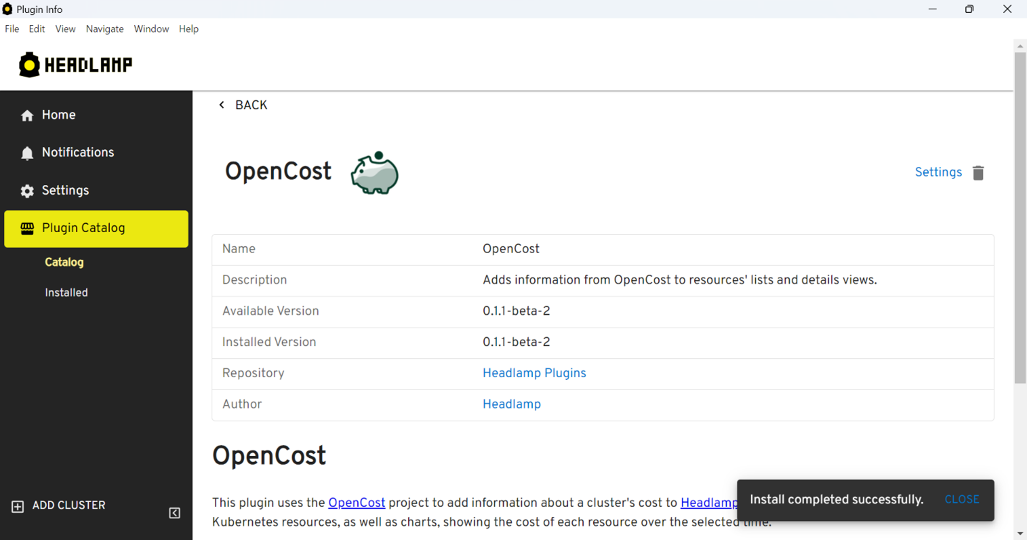 Screenshot showing OpenCost Plugin installed